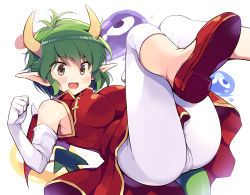 Rule 34 | 1girl, brown eyes, china dress, chinese clothes, clenched hands, commentary, draco centauros, dragon girl, dragon horns, dragon tail, dragon wings, dress, elbow gloves, fang, flats, floating, gloves, green hair, horns, leggings, looking at viewer, medium dress, odawara hakone, open mouth, pointy ears, puyopuyo, red dress, red footwear, red wings, short hair, sleeveless, sleeveless dress, slime (creature), smile, solo, tail, white gloves, white leggings, wings, yellow horns