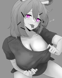 Rule 34 | 1girl, animal ear fluff, arknights, black nails, breasts, breasts day, cleavage, dokonjou (odossan), good breasts day, highres, large breasts, looking at viewer, purple eyes, solo, tongue, tongue out, utage (arknights)