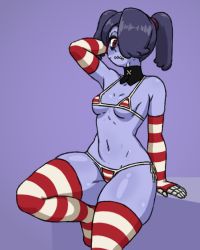 Rule 34 | 1girl, arm behind head, arm up, bikini, blue background, blue hair, blue skin, blush, breasts, bridal gauntlets, colored skin, detached collar, frown, hair over one eye, micro bikini, navel, red eyes, rottedpaint, side-tie bikini bottom, sitting, skeletal arm, skullgirls, small breasts, solo, squigly (skullgirls), stitched mouth, stitches, striped bikini, striped clothes, striped sleeves, striped thighhighs, sweat, swimsuit, thighhighs, twintails, zombie