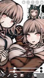 2girls :d :o breasts brown_hair brown_jacket danganronpa_(series) danganronpa_2:_goodbye_despair danganronpa_3_(anime) drooling dual_persona flipped_hair from_side highres holding_hands hood hood_down hope&#039;s_peak_academy_school_uniform ikemen&#039;na_ore-shi jacket large_breasts looking_at_viewer medium_hair multiple_girls nanami_chiaki neck_ribbon open_mouth pink_eyes pink_ribbon ribbon school_uniform smile teeth two-tone_shirt unfinished upper_teeth_only