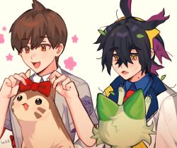 Rule 34 | 2boys, :3, ahoge, black hair, blue shirt, bow, brown eyes, brown hair, cat, collared shirt, colored inner hair, creatures (company), crossed bangs, florian (pokemon), furret, game freak, gen 2 pokemon, hair between eyes, hairband, hand on another&#039;s hip, happy, highres, jacket, kieran (pokemon), leaf, leaf on head, long sleeves, looking at animal, looking at another, male focus, messy hair, mole, mole on neck, multicolored hair, multiple boys, necktie, nintendo, open mouth, pocket, pokemon, pokemon sv, purple hair, red bow, red necktie, scratched, scratches, shirt, short hair, short sleeves, sprigatito, two-tone hair, upper body, vank le, white shirt, yellow eyes, yellow hairband