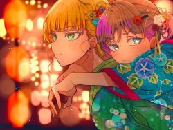 Rule 34 | 2girls, alternate costume, alternate hairstyle, blonde hair, blue eyes, blunt bangs, blurry, blurry background, blush, breasts, carrying, depth of field, earrings, festival, floral print, flower, from behind, hair between eyes, hair flower, hair ornament, hairclip, heanna sumire, highres, hime cut, hug, japanese clothes, jewelry, kimono, lantern, light brown hair, looking away, looking to the side, love live!, love live! superstar!!, medium breasts, multicolored hair, multiple girls, neko raa men, outdoors, print kimono, sparks, summer festival, tang keke, tsundere, upper body, yellow eyes, yukata, yuri