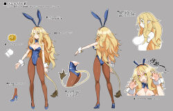 Rule 34 | 1girl, animal ears, ass, blonde hair, blue footwear, blue heels, blue leotard, blush, bow, bowtie, breasts, brown pantyhose, butt crack, cleavage, concept art, cup, detached collar, disgaea, disgaea rpg, fake animal ears, full body, high heels, highres, holding, holding tray, large breasts, leotard, liezerota, long hair, non-web source, official art, open mouth, pantyhose, photoshop (medium), playboy bunny, pointy ears, pumps, rabbit ears, solo, strapless, strapless leotard, tail, translation request, transparent background, tray, wrist cuffs, yellow eyes