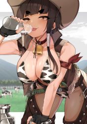 Rule 34 | 1girl, :p, absurdres, animal print, bell, bikini, black gloves, bottle, breasts, brown hair, cleavage, collar, commentary request, cow print, cowbell, cowboy hat, fingerless gloves, gloves, grey sky, gun, handgun, hat, highres, holding, holding bottle, jovejun, large breasts, long hair, looking at viewer, milk, neck bell, original, print bikini, red collar, revolver, sky, smile, solo, swimsuit, thick eyebrows, thighs, tongue, tongue out, tsubomioka happa, weapon, yellow eyes