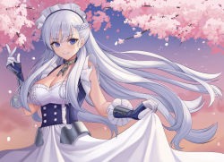 Rule 34 | 1girl, absurdres, aillatoste, armor, azur lane, belfast (azur lane), blue eyes, bodice, braid, breasts, broken, broken chain, chain, cherry blossoms, cleavage, closed mouth, cloud, collar, dress, french braid, frills, hand up, highres, large breasts, long hair, looking at viewer, maid, maid headdress, metal collar, outdoors, silver hair, skirt hold, smile, solo, sunset, vambraces, very long hair, white dress