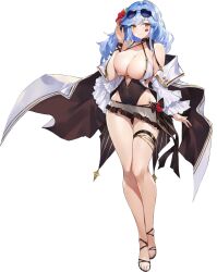 Rule 34 | 1girl, aqua eyebrows, aqua hair, artist request, bare legs, bare shoulders, belt, belt buckle, bikini, black belt, black bikini, black choker, black straps, black wristband, blue-tinted eyewear, bow, bow bikini, breasts, buckle, choker, cleavage, closed mouth, coat, collarbone, covered navel, cross-laced armwear, cross-laced straps, eloise (final gear), final gear, flower, full body, gold buckle, hair between eyes, hair flower, hair ornament, hair ribbon, hibiscus, highres, light blush, long hair, looking to the side, official art, red flower, ribbon, ribbon choker, see-through bikini, shoe strap, simple background, smile, solo, spaghetti strap, swept bangs, swimsuit, tachi-e, thigh belt, thigh strap, third-party source, tinted eyewear, transparent background, two-tone bikini, white bikini, white coat, white sleeves, yellow eyes