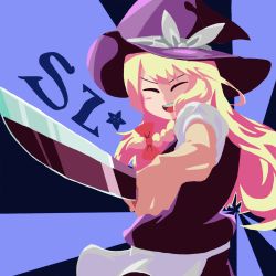 Rule 34 | 1girl, absurdres, apron, black hat, black skirt, black vest, blonde hair, blue background, blush stickers, bow, braid, character name, commentary request, cookie (touhou), hair bow, hat, hat bow, highres, holding, holding knife, kirisame marisa, knife, long hair, looking at viewer, looking to the side, open mouth, psychic parrot, red bow, shirt, side braid, single braid, skirt, solo, star (symbol), sunburst, sunburst background, suzu (cookie), teeth, touhou, upper body, upper teeth only, vest, waist apron, white apron, white bow, white shirt, witch hat
