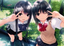 Rule 34 | 2girls, :d, ;), absurdres, aoyama sumika, arm up, black hair, black skirt, blue bow, blue bowtie, blue eyes, blush, bow, bowtie, closed mouth, coffee-kizoku, dappled sunlight, day, eyebrows, foreshortening, grass, hand gesture, highres, leaning forward, long hair, looking at viewer, multiple girls, one eye closed, open mouth, original, outdoors, park, plaid, plaid skirt, pleated skirt, pond, red bow, red bowtie, red eyes, scan, school uniform, shiramine rika, shirt, shore, short hair, short sleeves, sidelocks, skirt, smile, standing, sunlight, sweater vest, v, v over eye, water, white shirt, wing collar
