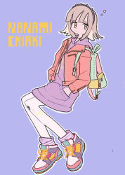 Rule 34 | 10s, 1girl, backpack, bad id, bad pixiv id, bag, character name, cross, danganronpa (series), danganronpa 2: goodbye despair, dress, expressionless, hairband, hands in pockets, hood, jacket, leather, leather jacket, nanami chiaki, pantyhose, pikaro, pouch, purple background, shoes, short hair, silver hair, sneakers, socks, solo, striped clothes, striped socks, studded hairband, white socks, yellow eyes