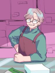 Rule 34 | 1boy, apron, blue eyes, brown apron, cheekbones, clenched hand, counter, facial hair, fate/grand order, fate (series), glasses, green shirt, hand on own hip, james moriarty (archer) (fate), leaning on table, long sleeves, looking at viewer, male focus, mustache, old, old man, oneroom-disco, paper stack, shirt, short hair, solo