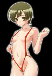 Rule 34 | 00s, 1girl, areola slip, bikini, black background, blush, breasts, fujioka haruhi, functionally nude, green eyes, green hair, looking at viewer, matching hair/eyes, navel, ouran high school host club, partially visible vulva, petite, short hair, simple background, slingshot swimsuit, small breasts, solo, standing, string bikini, swimsuit, uncensored