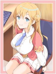 Rule 34 | 1girl, absurdres, blonde hair, blue eyes, blue necktie, breasts, capelet, center frills, chair, closed mouth, enome, frills, futoku no guild, hair bun, hibaru shunsuke, highres, large breasts, leaning forward, long hair, long sleeves, looking at viewer, necktie, pleated skirt, red capelet, single side bun, sitting, skirt, solo, thick thighs, thighs