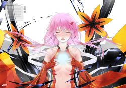 Rule 34 | 10s, 1girl, bare shoulders, breasts, center opening, cleavage, detached sleeves, elbow gloves, closed eyes, fingerless gloves, gloves, guilty crown, hair ornament, hairclip, hands on own chest, highres, long hair, navel, open mouth, pink hair, solo, trix (walpurgis999), twintails, yuzuriha inori