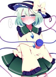 Rule 34 | ..., 1girl, black hat, blouse, blue eyes, blush, bow, buttons, closed mouth, collared shirt, crystal, eyelashes, eyes visible through hair, frills, green hair, green skirt, hair between eyes, hat, hat bow, heart, heart of string, highres, jewelry, komeiji koishi, long sleeves, looking to the side, shirt, short hair, simple background, skirt, solo, standing, third eye, touhou, white background, wide hips, yellow bow, yellow shirt, you (noanoamoemoe)