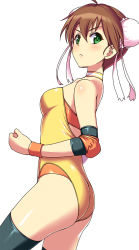 Rule 34 | 1girl, :&lt;, ass, back, blush, breasts, brown hair, bun cover, choker, clenched hand, collar, cowboy shot, digdug006, double bun, elbow pads, fighting stance, frown, green eyes, hair between eyes, hair bun, kanamori reiko, knee pads, leotard, looking at viewer, looking to the side, medium hair, small breasts, solo, thighhighs, v-shaped eyebrows, wrestle angels, wrestling outfit, wristband, yellow leotard