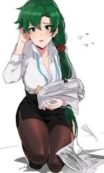 Rule 34 | 1girl, black skirt, blush, breasts, collared shirt, contemporary, fire emblem, fire emblem: the blazing blade, formal, green eyes, green hair, high heels, high ponytail, highres, long hair, looking at viewer, lyn (fire emblem), nintendo, office lady, ormille, pantyhose, pencil skirt, ponytail, shirt, simple background, skirt, skirt suit, solo, suit, very long hair, white background