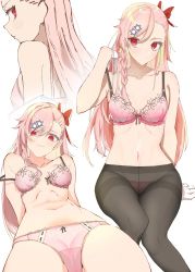 Rule 34 | 1girl, abs, absurdres, bad id, bad twitter id, belly, black pantyhose, blush, bow, bow panties, bra, braid, breasts, e sky rugo, girls&#039; frontline, gloves, hair ornament, hairclip, hand in own hair, hexagram, highres, long hair, looking at viewer, medium breasts, multiple views, navel, negev (girls&#039; frontline), one side up, panties, panties under pantyhose, pantyhose, pink bra, pink hair, red bow, side braid, simple background, star of david, strap slip, thighband pantyhose, thighs, underwear, underwear only, white background, white gloves