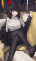 1girl absurdres black_hair black_pantyhose blazer blue_archive couch crossed_legs grin hair_ornament hairclip halo highres jacket jianjia long_hair looking_at_viewer off_shoulder pantyhose pleated_skirt red_eyes ribbed_sweater ringed_eyes rio_(blue_archive) sitting skirt smile solo sweater turtleneck turtleneck_sweater white_sweater