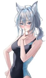 Rule 34 | 1girl, absurdres, animal ear fluff, animal ears, bare arms, blue archive, blue eyes, blush, breasts, bright pupils, cleavage, closed mouth, competition swimsuit, cross hair ornament, finger to mouth, grey hair, hair between eyes, hair ornament, hand on own hip, highleg, highleg swimsuit, highres, isljy, looking at viewer, medium breasts, medium hair, mismatched pupils, one-piece swimsuit, ponytail, shiroko (blue archive), shiroko (swimsuit) (blue archive), side ponytail, simple background, solo, swimsuit, two-tone swimsuit, white background, white pupils