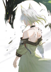 Rule 34 | 1girl, animal ear fluff, animal ears, arknights, back, bare shoulders, black choker, choker, chromatic aberration, cowboy shot, dress, from behind, green dress, highres, kal&#039;tsit (arknights), material growth, mon3tr (arknights), naoel (naoel art), off-shoulder dress, off shoulder, oripathy lesion (arknights), short hair, white background, white hair