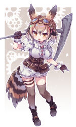Rule 34 | 1girl, bird girl, bird tail, bird wings, black hair, boots, bow, brown corset, brown eyes, brown footwear, brown gloves, brown hair, brown thighhighs, collar, corset, eurasian eagle owl (kemono friends), frilled collar, frilled gloves, frilled shorts, frilled sleeves, frills, gear hair ornament, gloves, goggles, goggles on head, hair between eyes, hair bow, head wings, highres, kemono friends, kemono friends 3, kolshica, leather, multicolored hair, official alternate costume, owl ears, owl girl, pickaxe, puffy short sleeves, puffy shorts, puffy sleeves, shirt, short hair, short sleeves, shorts, sidelocks, solo, steampunk, tail, thigh strap, thighhighs, white hair, white shirt, wings