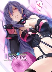 Rule 34 | 1girl, black thighhighs, blue hair, breasts, choker, cleavage, cleavage cutout, clothing cutout, copyright name, couch, cum, cum on body, cum on stomach, dominatrix, earrings, elbow gloves, english text, gloves, glowing, hair between eyes, halterneck, heart, hews, indoors, iris heart, jewelry, kami jigen game neptune v, leotard, light trail, long hair, midriff, neon trim, neptune (series), open mouth, out-of-frame censoring, red eyes, revealing clothes, sitting, skin tight, smile, solo, spoken heart, spread legs, symbol-shaped pupils, tagme, thighhighs, thighs, very long hair, whip