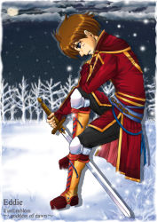 Rule 34 | 1boy, artist request, boots, brown hair, character name, cloud, cloudy sky, coat, copyright name, edward (fire emblem), fire emblem, fire emblem: radiant dawn, forest, full moon, gloves, long sleeves, looking down, male focus, moon, nature, night, night sky, nintendo, pants, sky, snow, snowflakes, snowing, solo, sword, weapon