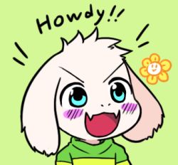 Rule 34 | &gt;:d, 1boy, :&gt;, :d, asriel dreemurr, bad id, bad pixiv id, blue eyes, blush, blush stickers, chibi, child, fangs, flower, flowey (undertale), furry, furry male, green background, gyate gyate, lowres, male focus, monster, monster boy, open mouth, portrait, shirt, simple background, smile, solo, striped clothes, striped shirt, undertale, upper body, v-shaped eyebrows, white hair, yaruky