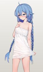 Rule 34 | 1girl, absurdres, ahoge, blue eyes, blue hair, blush, braid, breasts, closed mouth, collarbone, commentary request, dress, frilled dress, frills, grey background, hair between eyes, hand up, highres, karadaikon, long hair, looking away, low twintails, mushoku tensei, roxy migurdia, see-through, simple background, small breasts, solo, strap slip, twin braids, twintails, very long hair, white dress