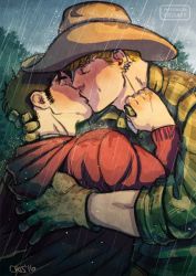Rule 34 | 2boys, alternate universe, artist name, black hair, black shirt, blonde hair, blush, closed eyes, couple, cowboy hat, cris art, day, earrings, facial hair, gloves, green shirt, hand on another&#039;s back, hand on another&#039;s neck, hat, hood, hood down, hooded jacket, hulkling, jacket, jewelry, kiss, male focus, marvel, multiple boys, open clothes, open jacket, outdoors, patreon username, plaid, plaid shirt, rain, red jacket, shirt, short hair, sideburns, sideburns stubble, stubble, upper body, wiccan, yaoi