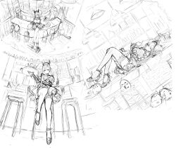 Rule 34 | 1girl, absurdres, alcohol, azur lane, baozi, bar (place), bar stool, bartender, black footwear, breasts, ceiling, ceiling light, crossed legs, detached sleeves, dishwasher1910, dress, food, from above, from below, full body, hanging light, highres, holding, holding plate, large breasts, looking at viewer, looking down, lying, multiple views, plate, prinz adalbert (after-hours service) (azur lane), prinz adalbert (azur lane), shoes, short dress, sitting, sketch, stool, thigh strap, thighhighs, twintails