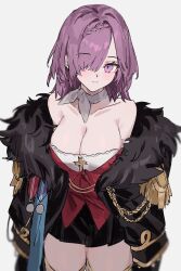 Rule 34 | 1girl, aogisa, azur lane, breasts, cleavage, fur-trimmed jacket, fur trim, hair over one eye, highres, jacket, large breasts, looking at viewer, medal, neck ribbon, open clothes, open jacket, penelope (azur lane), purple eyes, purple hair, ribbon, short hair, simple background, smile, solo, standing, thighhighs, thighs, white background