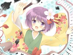 Rule 34 | 1girl, :d, blush, calligraphy brush, female focus, flower, hair flower, hair ornament, hieda no akyuu, japanese clothes, kimono, komi zumiko, open mouth, outstretched arms, paintbrush, purple eyes, purple hair, scroll, short hair, smile, solo, spread arms, touhou, upper body, white background