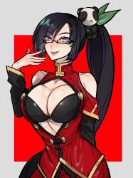 Rule 34 | 1girl, arc system works, arm behind back, black bra, black hair, blazblue, bra, breasts, chinese clothes, cleavage, glasses, highres, large breasts, litchi faye ling, long hair, looking at viewer, parted lips, pink eyes, smile, solo, underwear
