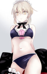 Rule 34 | 1girl, arms behind back, artoria pendragon (all), artoria pendragon (alter swimsuit rider) (second ascension) (fate), artoria pendragon (fate), bikini, black ribbon, blue bra, blue panties, bra, breasts, choker, closed mouth, covered erect nipples, cowboy shot, fate/stay night, fate (series), frilled bra, frills, frown, hair between eyes, highres, looking at viewer, maid, maid bikini, maid headdress, navel, neck ribbon, panties, ribbon, saber alter, short hair with long locks, silver hair, small breasts, solo, standing, suzuakks, swimsuit, unconventional maid, underboob, underwear, underwear only, white background, yellow eyes
