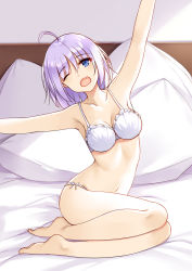 Rule 34 | 1girl, ahoge, armpits, bare arms, bare legs, bare shoulders, barefoot, bed, blue eyes, bra, breasts, feet, flan (seeyouflan), full body, highres, looking at viewer, medium breasts, no shoes, on bed, one eye closed, open mouth, original, panties, pillow, purple hair, short hair, underwear, underwear only, white panties