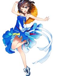 Rule 34 | 1girl, absurdres, bare legs, blue dress, blue eyes, bow, brown hair, dress, frills, hat, highres, legs, looking at viewer, mika pikazo, multicolored hair, one eye closed, original, shoes, sneakers, solo, straw hat, transparent background