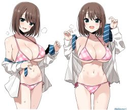 Rule 34 | 1girl, :d, bare shoulders, bikini, blue eyes, blush, breasts, brown hair, cleavage, collarbone, cowboy shot, fang, halterneck, large breasts, looking at viewer, multiple views, navel, necktie, no pants, off shoulder, open clothes, open mouth, open shirt, pink bikini, plaid, plaid bikini, saki, saki (manga), saki achiga-hen, shirt, shisoneri, short hair, side-tie bikini bottom, simple background, smile, standing, stomach, string bikini, striped neckwear, sweat, swimsuit, thighs, unozawa shiori, white background, white shirt