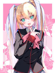 Rule 34 | 1girl, :d, akayama yukihe, aqua eyes, arm at side, black jacket, blonde hair, blush, border, bow, colored eyelashes, commentary request, cowboy shot, fang, finger to own chin, hair between eyes, hair ribbon, hand up, head tilt, highres, jacket, little busters!, little busters! school uniform, long hair, long ribbon, long sleeves, looking at viewer, open mouth, pink background, pink bow, ribbon, school uniform, simple background, skin fang, smile, smug, solo, straight hair, tokido saya, tsurime, two side up, v, very long hair, white border, white ribbon