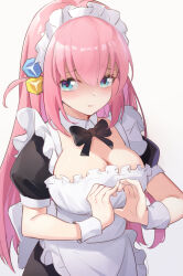 Rule 34 | 1girl, apron, black bow, black bowtie, blue eyes, bocchi the rock!, bow, bowtie, breasts, cleavage, cube hair ornament, detached collar, gotoh hitori, grey background, hair ornament, heart, heart hands, highres, large breasts, ling huanxiang, long hair, looking at viewer, maid, maid apron, official alternate costume, pink hair, puffy short sleeves, puffy sleeves, short sleeves, simple background, upper body, white apron, wrist cuffs