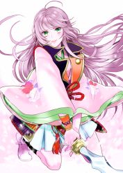 Rule 34 | 1girl, cherry blossoms, floral print, full body, green eyes, harukanaru toki no naka de 3, holding, holding sword, holding weapon, japanese clothes, jobo (isi88), kasuga nozomi, kneeling, lips, long hair, long sleeves, looking at viewer, parted lips, purple hair, shoes, sneakers, solo, sword, teeth, weapon, white background, white footwear, wide sleeves
