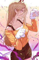 Rule 34 | 1girl, animal hands, blonde hair, breasts, brown shorts, cat paws, chainsaw man, chromatic aberration, cleavage, collarbone, confetti, gcef3535, gloves, grin, hair between eyes, hands up, highres, horns, large breasts, long hair, long sleeves, looking ahead, orange eyes, orange shirt, parted lips, paw gloves, power (chainsaw man), profile, red horns, sharp teeth, shirt, shorts, smile, solo, standing, teeth
