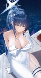 Rule 34 | 1girl, absurdres, black hair, blue archive, blue eyes, blue halo, breasts, building, city, cityscape, cleavage, collarbone, dress, elbow gloves, gloves, halo, highres, holding, jasmin, large breasts, lipstick, long hair, makeup, night, official alternate costume, outdoors, saori (blue archive), saori (dress) (blue archive), sitting, solo, strapless, strapless dress, white dress, white gloves