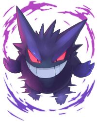Rule 34 | black eyes, claws, colored sclera, creatures (company), energy, evil grin, evil smile, floating, full body, game freak, gen 1 pokemon, gengar, grin, hands up, highres, looking at viewer, nintendo, no humans, pokemon, pokemon (creature), red sclera, smile, solo, teeth, tesshii (riza4828), v-shaped eyebrows, white background