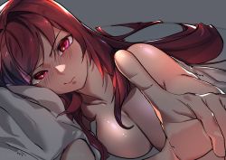 Rule 34 | 1girl, breasts, cleavage, fate/grand order, fate (series), foreshortening, hu tu, large breasts, looking at viewer, nude, pillow, pointing, pout, purple hair, red eyes, revision, scathach (fate), scathach (fate), under covers