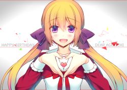 Rule 34 | 1girl, blonde hair, bow, giuniu, hair bow, happy birthday, heart, heart hands, kuu (agekichi), long hair, looking at viewer, low twintails, open mouth, original, purple eyes, smile, solo, twintails, upper body