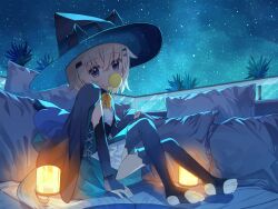 Rule 34 | 1girl, animal ears, animal hat, arm support, black cape, black thighhighs, blowing bubbles, blue hat, blue skirt, bow, bridal gauntlets, cape, chewing gum, fake animal ears, hair ornament, hairclip, hat, high-waist skirt, knees up, looking at viewer, night, night sky, no shoes, original, outdoors, pillow, red girl (yuuhagi (amaretto-no-natsu)), shirt, sitting, skirt, sky, soles, solo, star (sky), starry sky, stirrup legwear, thighhighs, toeless legwear, white shirt, witch hat, yellow bow, yuuhagi (amaretto-no-natsu)
