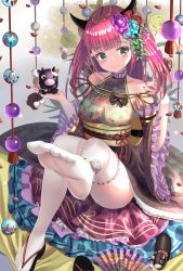 Rule 34 | 1girl, absurdres, anklet, aqua eyes, closed mouth, commentary, cow, detached sleeves, dress, feet, flower, frilled sleeves, frills, grey dress, hair flower, hair ornament, halterneck, highres, horns, japanese clothes, jewelry, leg up, legs, looking at viewer, medium hair, original, red hair, sandals, short dress, sitting, smile, soles, solo, textless version, thighhighs, wanderlucia, white thighhighs