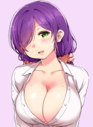 Rule 34 | 1girl, :d, blush, breasts, cleavage, collarbone, collared shirt, duke (inu daimyou), green eyes, hair ornament, hair over one eye, hair scrunchie, large breasts, long hair, long sleeves, looking at viewer, love live!, love live! school idol project, no bra, open mouth, partially unbuttoned, pink scrunchie, purple background, purple hair, scrunchie, shirt, sidelocks, simple background, smile, solo, sweat, tojo nozomi, twintails, upper body, white shirt
