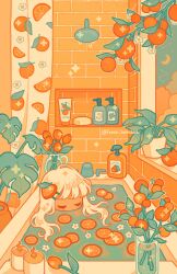 Rule 34 | 1girl, bar soap, bathing, bathroom, bathtub, candle, closed eyes, constellation, crescent moon, curtains, emily kim, flower, food, fruit, highres, indoors, leaf, long hair, moon, night, no mouth, no nose, orange (fruit), original, partially submerged, plant, potted plant, tulip, twitter username, vase, white flower, white hair, window